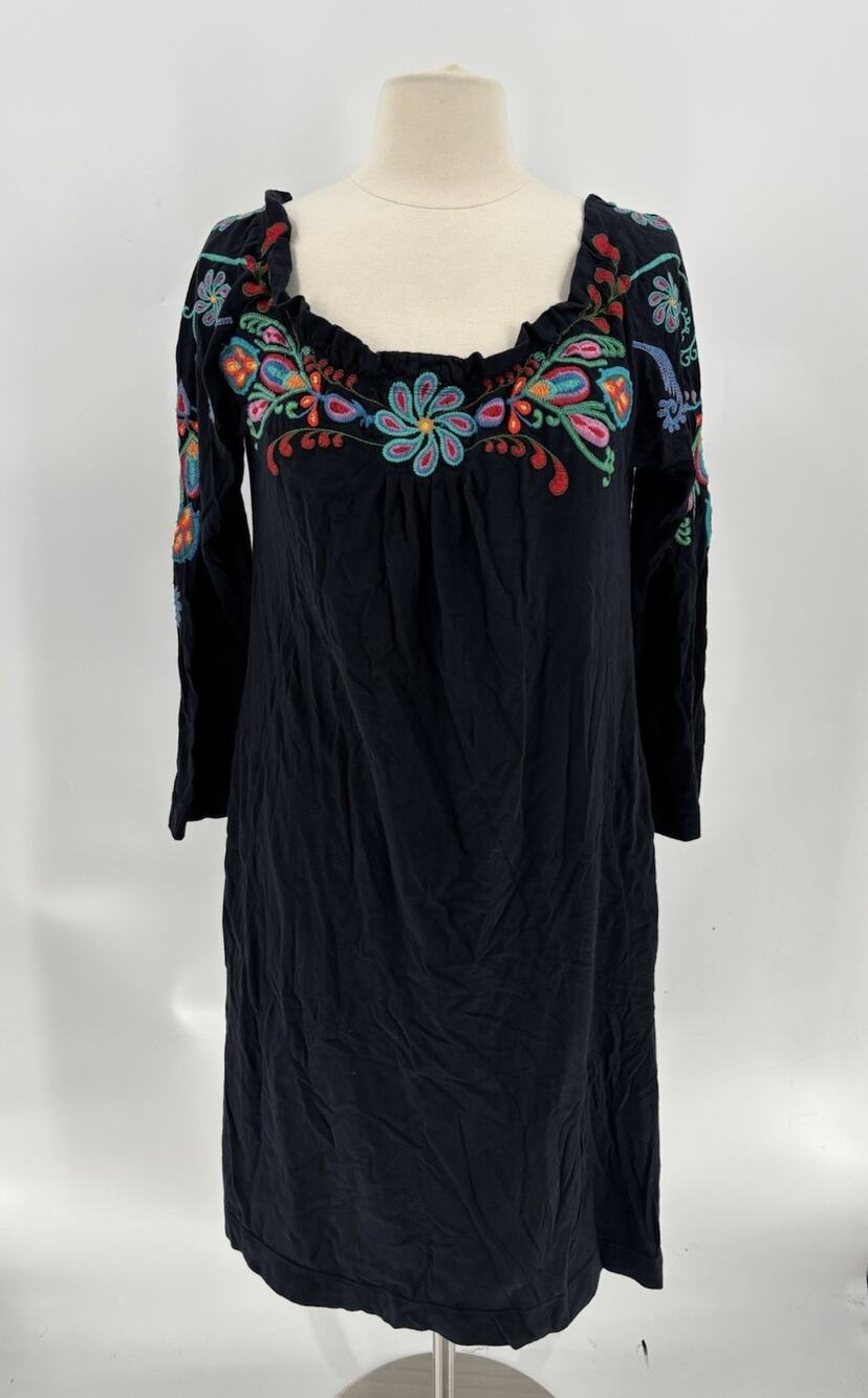 Johnny Was JWLA Dress Womens Medium Black Floral Boho Knee Length Embroidered